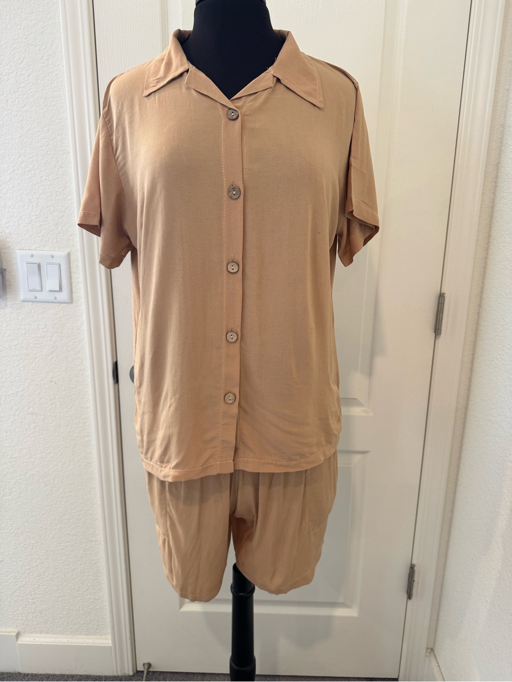 Beige Short Sleeve Button-Up Top and Shorts Set with 2 Side Pockets